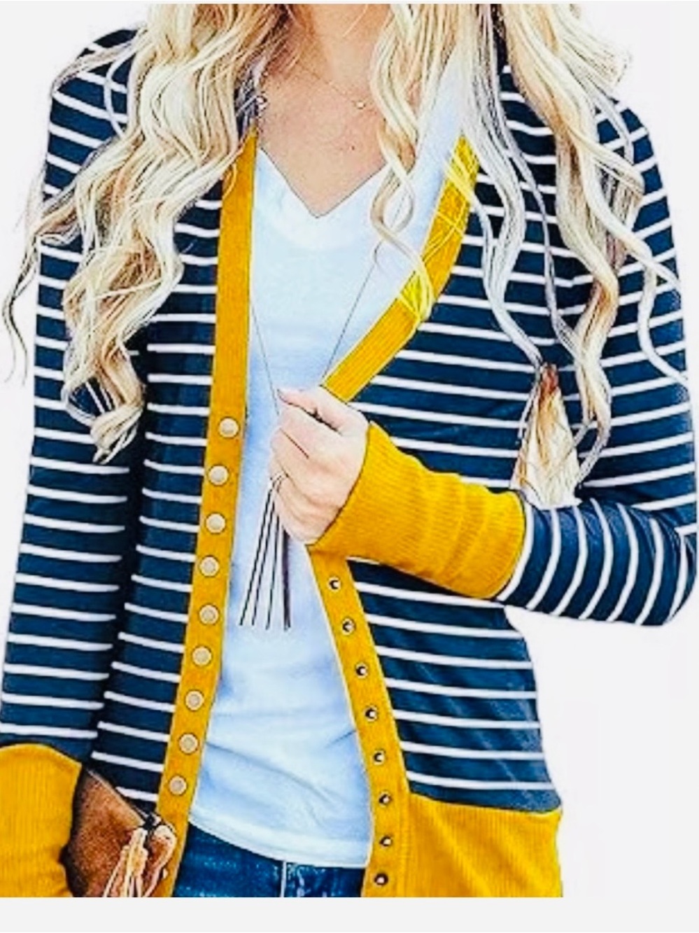 Navy Striped Cardigan with Mustard Trim - Women's Button-Front Sweater